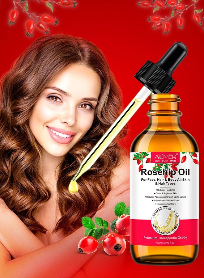 ALIVER 60ml Rosehip Oil for Face and Hair Rosehip Seed Oil Pure Cold Pressed Unrefined Rosehip Oil for Face Hair and Nails Rose Hips Essential Oil Skin Care Moisturizer - Image 1