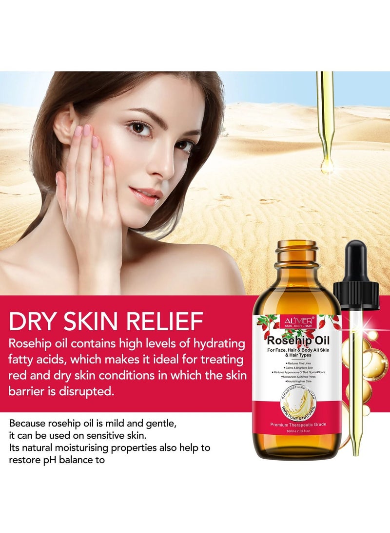 ALIVER 60ml Rosehip Oil for Face and Hair Rosehip Seed Oil Pure Cold Pressed Unrefined Rosehip Oil for Face Hair and Nails Rose Hips Essential Oil Skin Care Moisturizer - Image 3