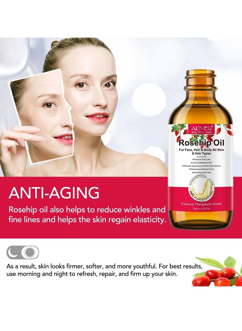 ALIVER 60ml Rosehip Oil for Face and Hair Rosehip Seed Oil Pure Cold Pressed Unrefined Rosehip Oil for Face Hair and Nails Rose Hips Essential Oil Skin Care Moisturizer - Image 4