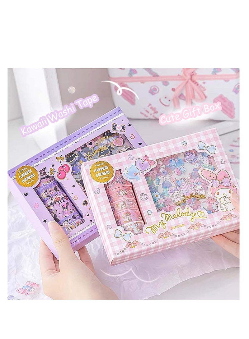 Washi Tape Set, 6 Rolls + 8 PCS Kawaii Animals Gold Foil Decorative Masking Tape for Journaling, Scrapbooking, Kids DIY Crafts, Aesthetic Supplies, Planners, Bullet Journal