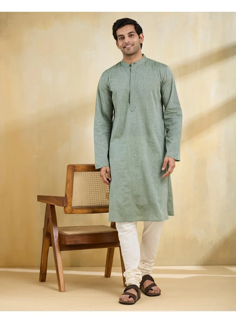 Fabindia Green Cotton Slim Fit Long Kurta