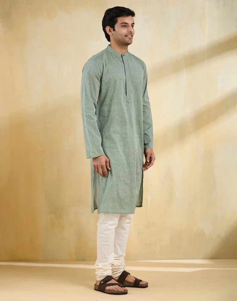 فاب انديا Green Cotton Slim Fit Long Kurta