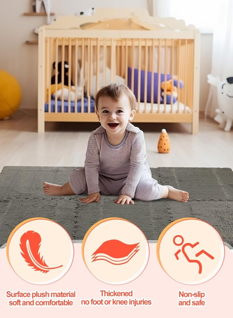 Jorunb 12 pcs Thickened Plush Foam Interlocking Floor Mats, Interlocking Foam Tiles with Edgings for Kids, Soft Anti-Slip Puzzle Area Square Rug Playmat for Children Room Flat (10", Grey) - Image 2