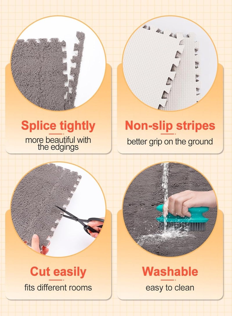 Jorunb 12 pcs Thickened Plush Foam Interlocking Floor Mats, Interlocking Foam Tiles with Edgings for Kids, Soft Anti-Slip Puzzle Area Square Rug Playmat for Children Room Flat (10", Grey) - Image 3