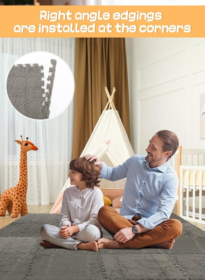 Jorunb 12 pcs Thickened Plush Foam Interlocking Floor Mats, Interlocking Foam Tiles with Edgings for Kids, Soft Anti-Slip Puzzle Area Square Rug Playmat for Children Room Flat (10", Grey) - Image 4