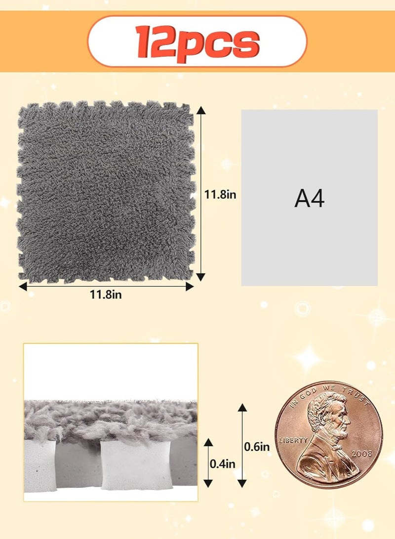 Jorunb 12 pcs Thickened Plush Foam Interlocking Floor Mats, Interlocking Foam Tiles with Edgings for Kids, Soft Anti-Slip Puzzle Area Square Rug Playmat for Children Room Flat (10", Grey) - Image 5