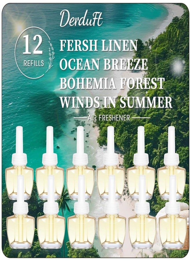 DERDUFT Plug In Refills Air Freshener 12 Pack - Ocean Breeze, Fresh Linen, Bohemia Forest, Winds in Summer, Scented Refill for Home, Bathrooms Use, Compatible with Air Wick & Glade - Image 1