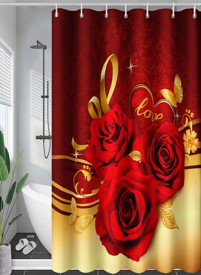 AILONEN Red and Gold Shower Curtain,Red Rose Hearts Printed Bath Curtain,Romantic Luxury Rose Flower Waterproof Curtain for Bathroom Decor 72" W x 78" H - Image 4