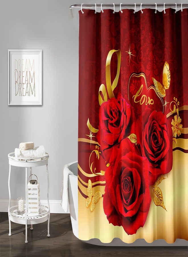 AILONEN Red and Gold Shower Curtain,Red Rose Hearts Printed Bath Curtain,Romantic Luxury Rose Flower Waterproof Curtain for Bathroom Decor 72" W x 78" H - Image 2