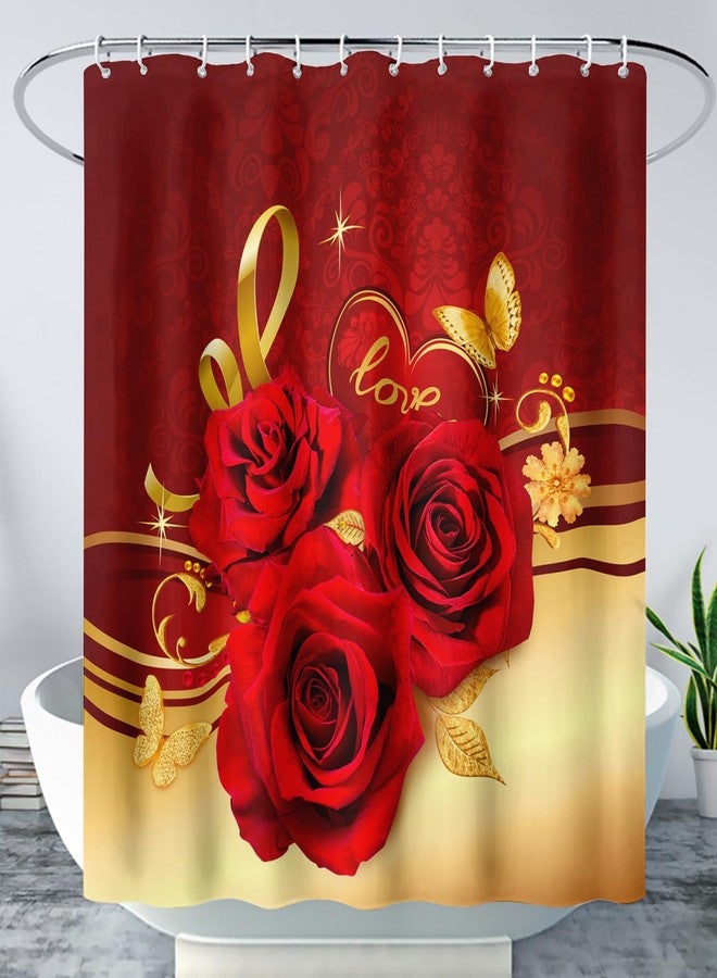 AILONEN Red and Gold Shower Curtain,Red Rose Hearts Printed Bath Curtain,Romantic Luxury Rose Flower Waterproof Curtain for Bathroom Decor 72" W x 78" H - Image 1