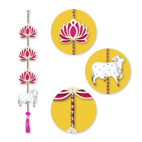 Party Propz Handmade Lotus Hangings for Decoration - 2Pcs Pichwai Cow Wall and Door Hanging, Mandir Decorations Items, Rajasthani Lotus Hanging, Haldi Decoration Items, Decorative Latkan (MDF) - Image 3