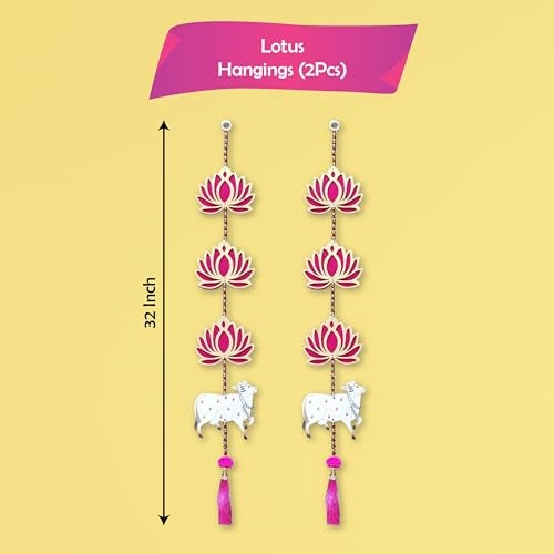 Party Propz Handmade Lotus Hangings for Decoration - 2Pcs Pichwai Cow Wall and Door Hanging, Mandir Decorations Items, Rajasthani Lotus Hanging, Haldi Decoration Items, Decorative Latkan (MDF) - Image 2