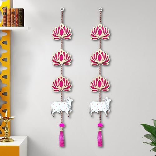 Party Propz Handmade Lotus Hangings for Decoration - 2Pcs Pichwai Cow Wall and Door Hanging, Mandir Decorations Items, Rajasthani Lotus Hanging, Haldi Decoration Items, Decorative Latkan (MDF) - Image 1