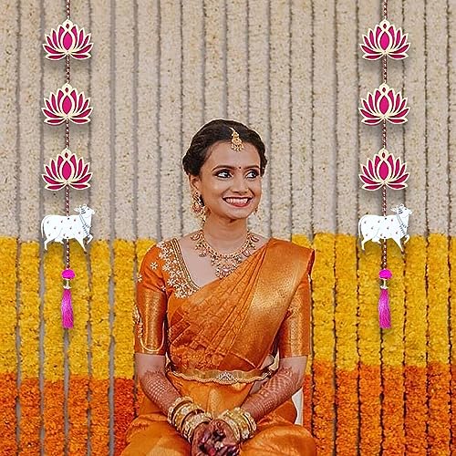 Party Propz Handmade Lotus Hangings for Decoration - 2Pcs Pichwai Cow Wall and Door Hanging, Mandir Decorations Items, Rajasthani Lotus Hanging, Haldi Decoration Items, Decorative Latkan (MDF) - Image 5