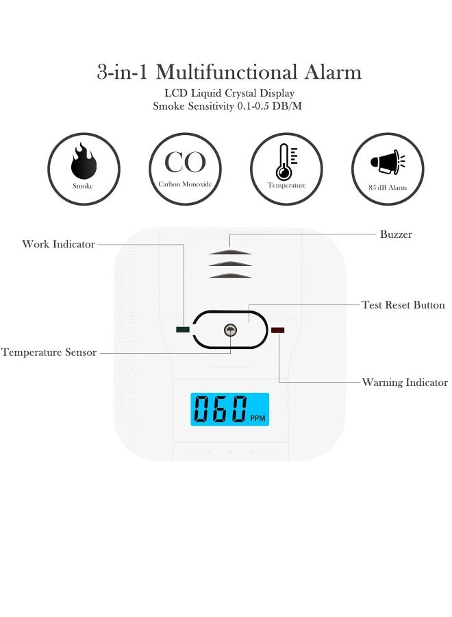 جهاز إنذار وتركيب وتحذير من أول أكسيد الكربون، 3 في 1، درجة حرارة 85 ديسيبل، يعمل بالبطارية مع شاشة LCD - Image 4