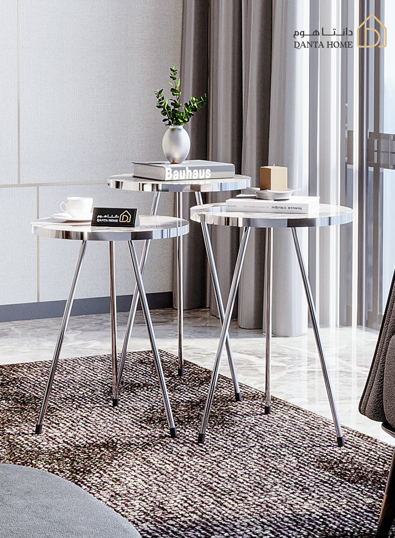 DANTA HOME 3 Piece Coffee And Tea Side Table Set With Wood Top And Iron Legs - White Marble - Image 4
