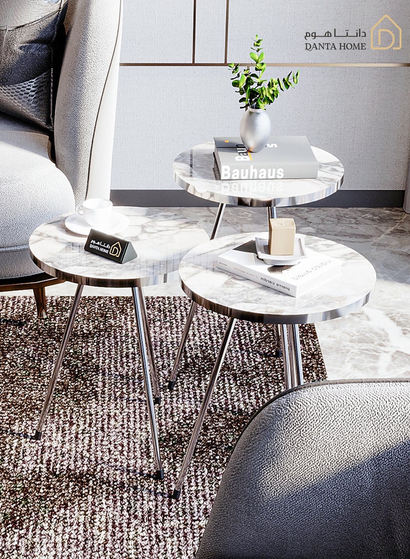 DANTA HOME 3 Piece Coffee And Tea Side Table Set With Wood Top And Iron Legs - White Marble - Image 3