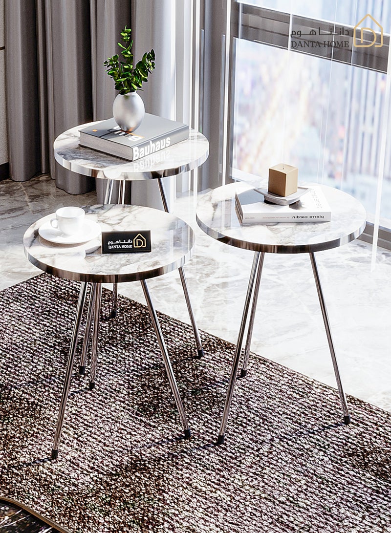 DANTA HOME 3 Piece Coffee And Tea Side Table Set With Wood Top And Iron Legs - White Marble - Image 2
