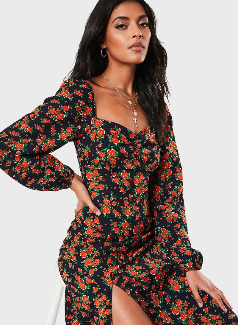 Missguided Floral Print Split Midi Dress