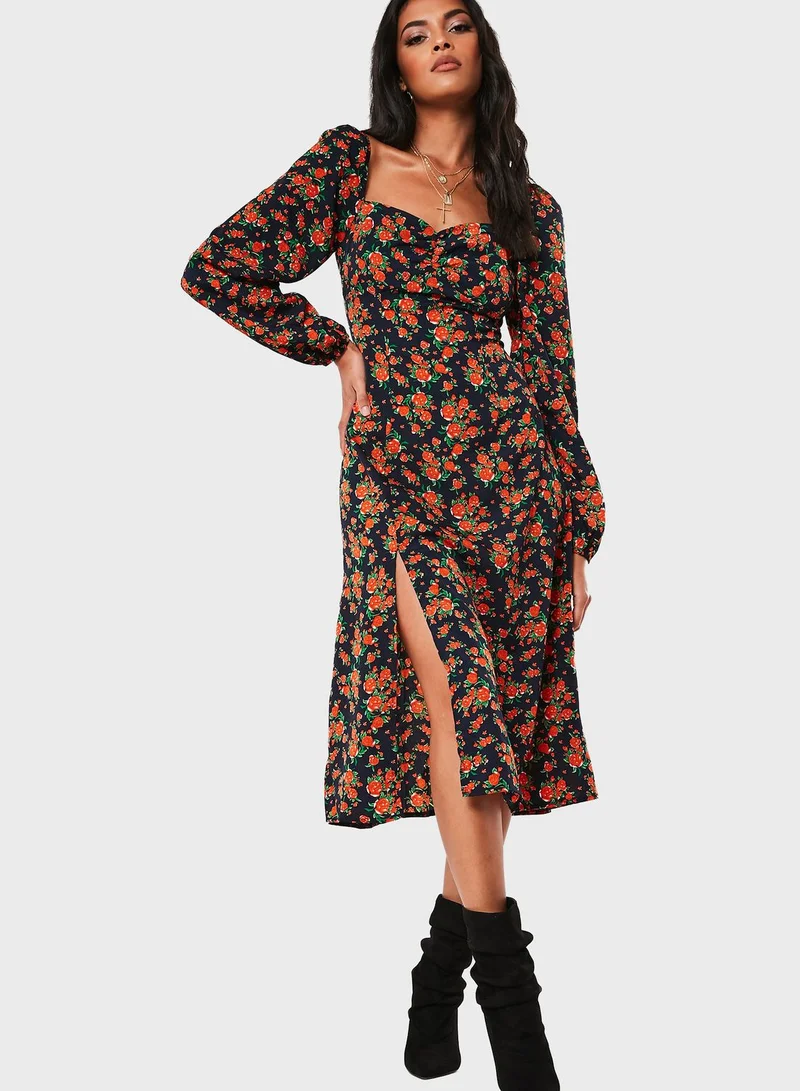 Missguided Floral Print Split Midi Dress