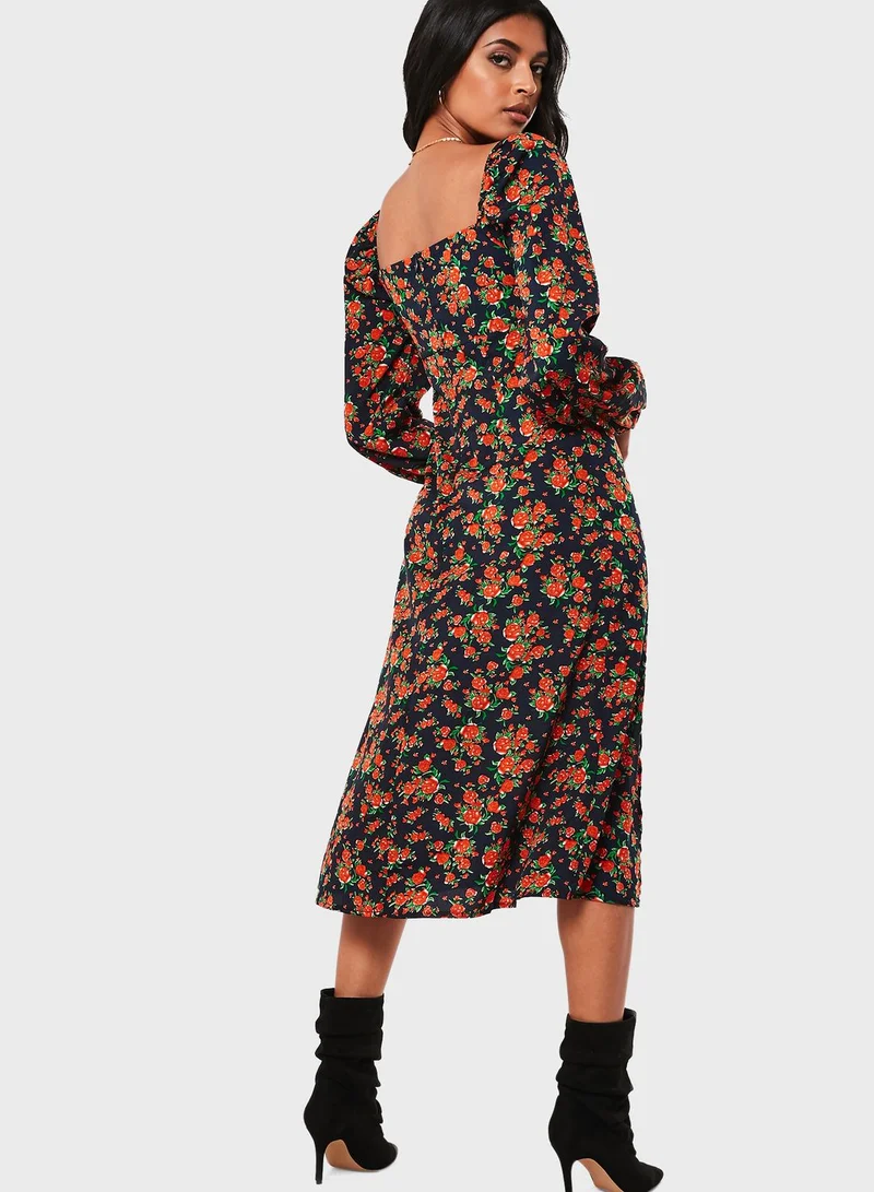 Missguided Floral Print Split Midi Dress