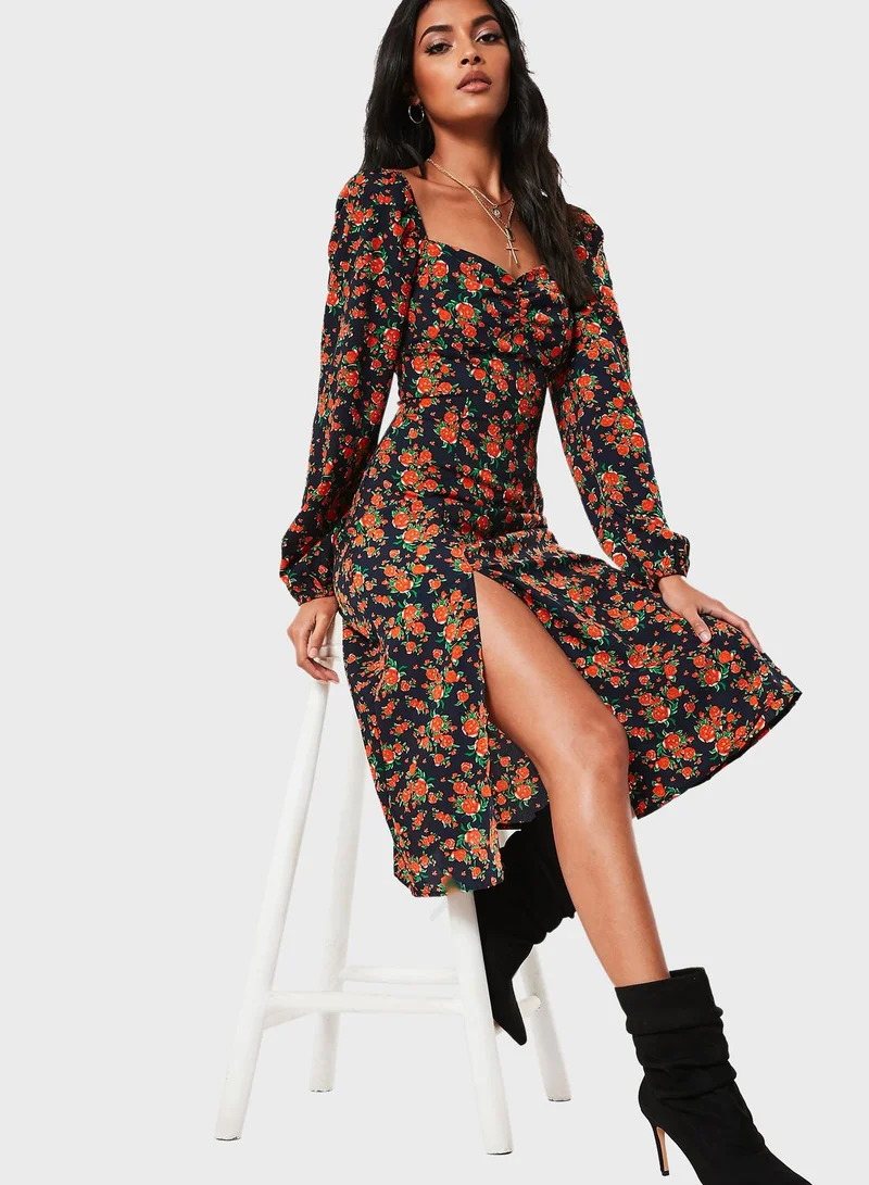 Missguided Floral Print Split Midi Dress