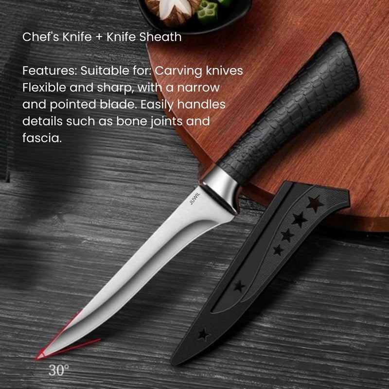JUWIL سكين مطبخ منحني احترافي مع غلاف تصميم نجمي واقي - شفرة فولاذية مقاومة للصدأ فائقة الحدة للحوم والأسماك - مقبض مريح غير قابل للانزلاق، سكين مطبخ احترافية للطهاة والمنازل - Image 3