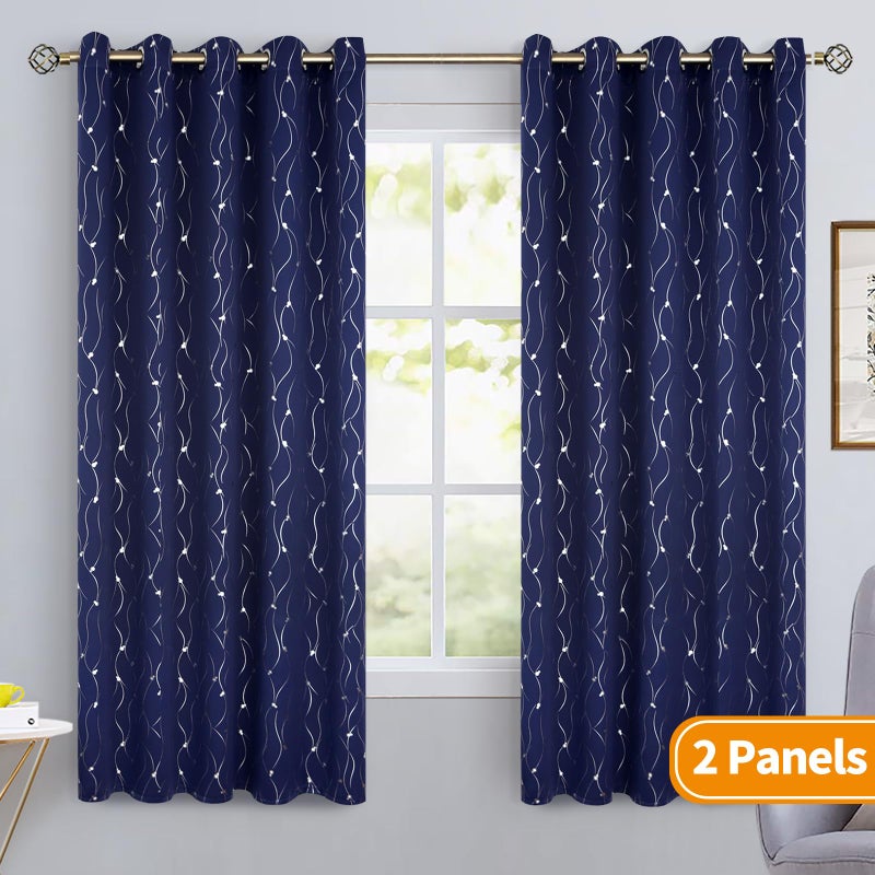 BGment الستائر Brgent Blackout 60 بوصة واسعة لغرفة النوم/غرفة المعيشة غرفة غامق الستائر النافذة الحرارية المعزولة مع خط ونقاط نمط 2 لوحات كل لوحات 60 × 63 بوصة الأزرق الأزرق - Image 2