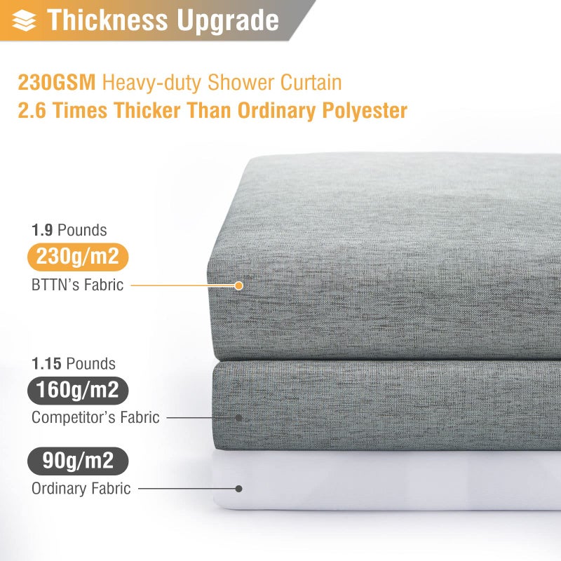 BTTN Grey Fabric Shower Curtain, 230GSM Linen Textured Heavy Duty Cloth Shower Curtain Set with Hooks, Waterproof Neutral Weighted Hotel Luxury Decorative Shower Curtains for Bathroom(Gray, W72xH72) - Image 4