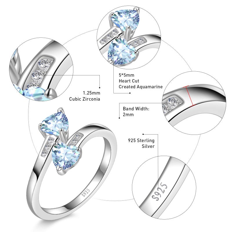 Yaresul Adjustable Aquamarine Ring for Women Heart Promise Ring 925 Sterling Silver March Birthstone Women Open Ring Stackables Statement - Image 4