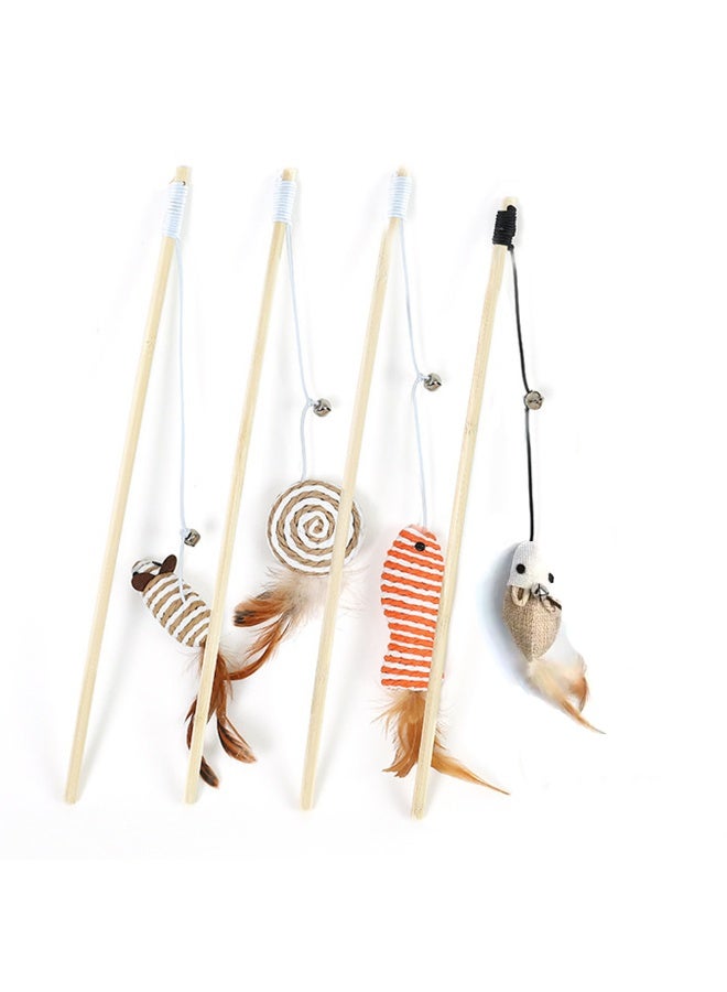YUNSYE Cat Wand Toy Set with Natural Wood Pole, Hemp Mouse, Lollipop, Ball and Feather, 40cm Pole, 4 Pack - Image 1