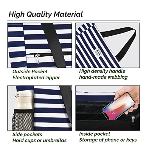 Buringer Large Waterproof Beach Bag for Women Sandproof Tote Bag with Zipper and Pockets Pool Bag for Travel Gym Vacation (Blue Stripes) - Image 5