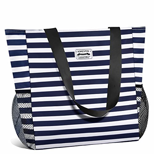 Buringer Large Waterproof Beach Bag for Women Sandproof Tote Bag with Zipper and Pockets Pool Bag for Travel Gym Vacation (Blue Stripes) - Image 1