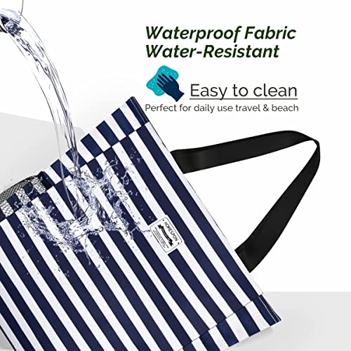 Buringer Large Waterproof Beach Bag for Women Sandproof Tote Bag with Zipper and Pockets Pool Bag for Travel Gym Vacation (Blue Stripes) - Image 3