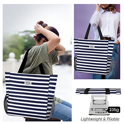 Buringer Large Waterproof Beach Bag for Women Sandproof Tote Bag with Zipper and Pockets Pool Bag for Travel Gym Vacation (Blue Stripes) - Image 2