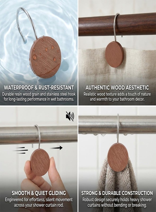 Auconda Imitation Wood Grain Resin Shower Curtain Hooks - Modern Round Vintage Brown Wood Grain Decorative Stainless Steel Shower Rings Hangers for Mother Daughter Sister Friends Bathroom Accessories - Image 4