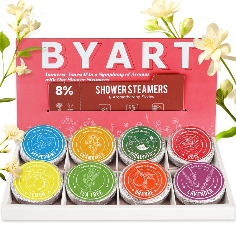 BYART Shower Steamers Aromatherapy 8 Natural Essential Oils WomenMen Spa Steamer Lingering Intense Aroma Soothing Stress Relief BodySoul Relaxing Bath Bombs Stocking Stuffer for FriendFamily