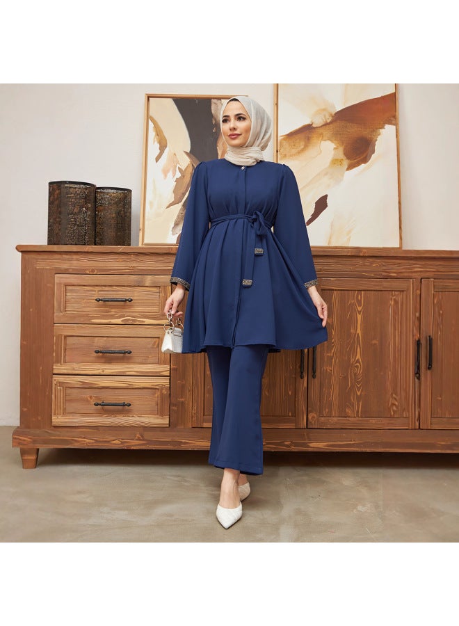 AMUR Muslim Women's Fashion Hot Drilling Loose Jacket Horn Pants 2 Pieces Suit - Image 3