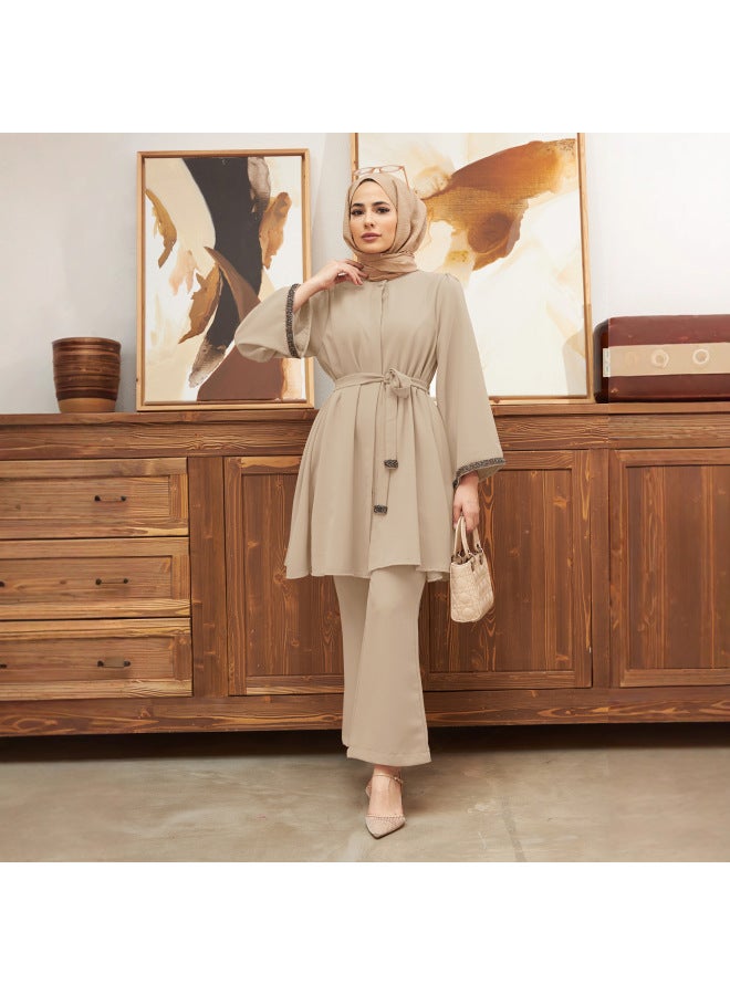 AMUR Muslim Women's Fashion Hot Drilling Loose Jacket Horn Pants 2 Pieces Suit - Image 5