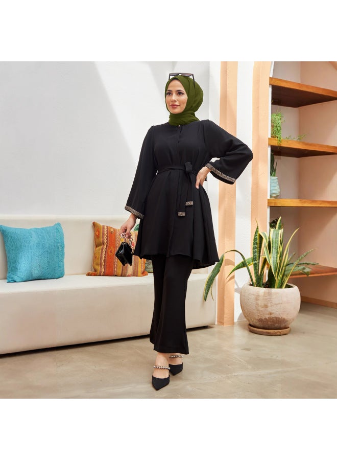 AMUR Muslim Women's Fashion Hot Drilling Loose Jacket Horn Pants 2 Pieces Suit - Image 4