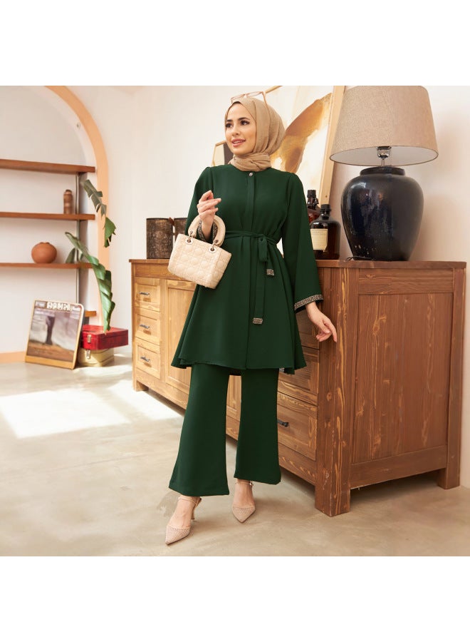 AMUR Muslim Women's Fashion Hot Drilling Loose Jacket Horn Pants 2 Pieces Suit - Image 2
