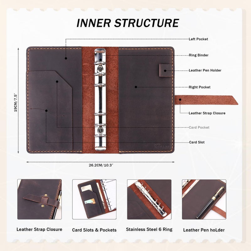 Robrasim Leather Binder Budget with Cash Envelopes, Handmade Leather A6 Binder for Money Saving Planner, Cash Envelopes for Budgeting, Money Organizer for Cash - Coffee - Image 3