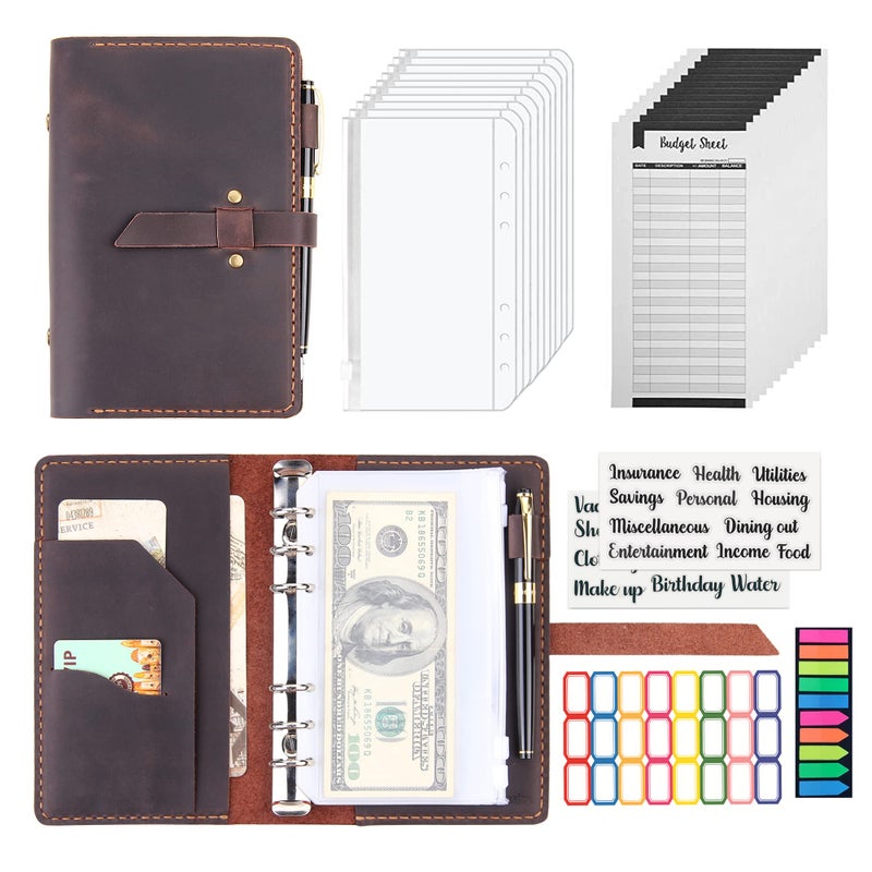 Robrasim Leather Binder Budget with Cash Envelopes, Handmade Leather A6 Binder for Money Saving Planner, Cash Envelopes for Budgeting, Money Organizer for Cash - Coffee - Image 1