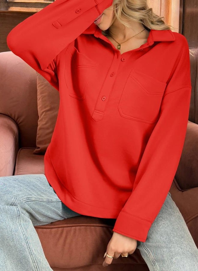 Fisoew Womens Oversized Sweatshirt Casual Long Sleeve Henley V Neck Pullover Tops Fall Outfits Clothes, Red, S - Image 5