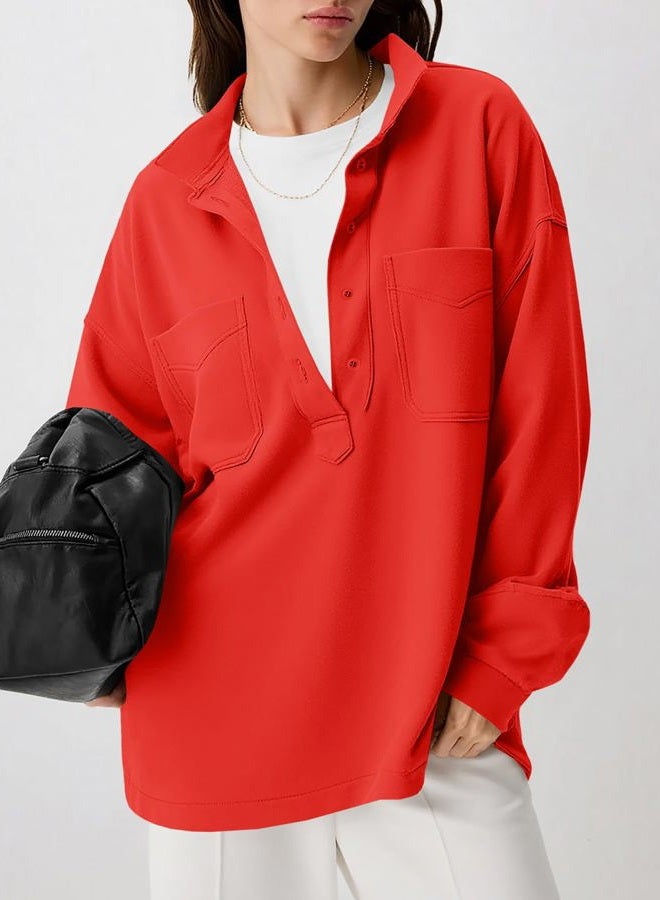 Fisoew Womens Oversized Sweatshirt Casual Long Sleeve Henley V Neck Pullover Tops Fall Outfits Clothes, Red, S - Image 2