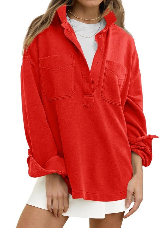 Fisoew Womens Oversized Sweatshirt Casual Long Sleeve Henley V Neck Pullover Tops Fall Outfits Clothes, Red, S - Image 1