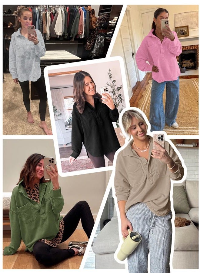 Fisoew Womens Oversized Sweatshirt Casual Long Sleeve Henley V Neck Pullover Tops Fall Outfits Clothes, Red, S - Image 3
