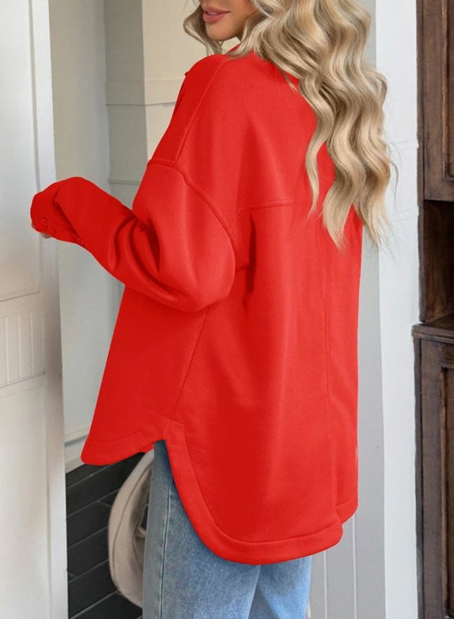 Fisoew Womens Oversized Sweatshirt Casual Long Sleeve Henley V Neck Pullover Tops Fall Outfits Clothes, Red, S - Image 4