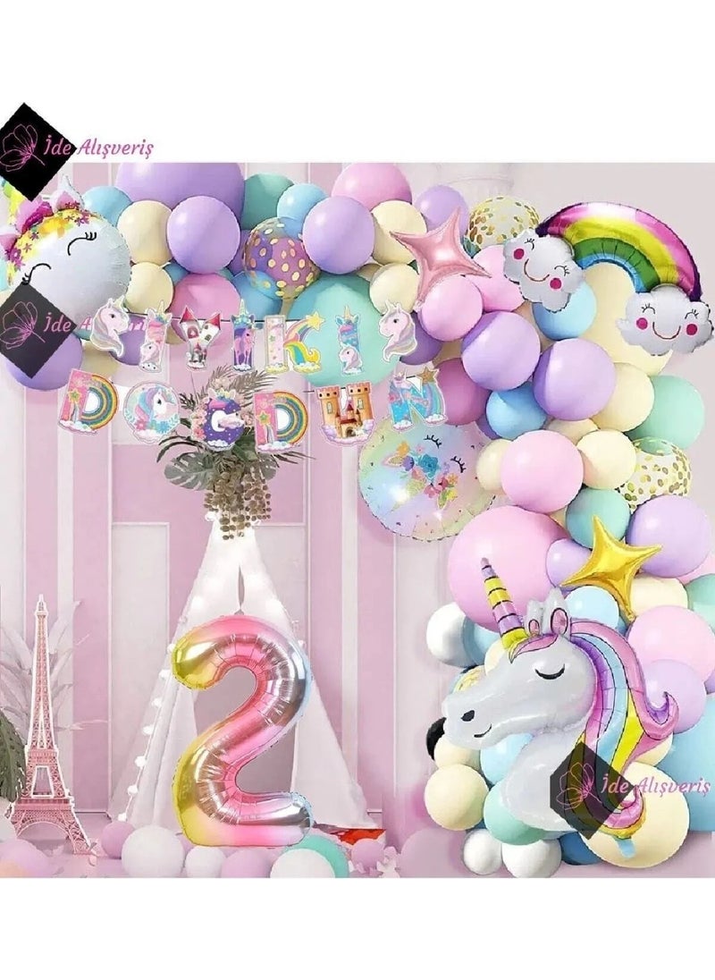 Bkmc Party - Age Foil Character Unicorn Themed Happy Birthday Macaron Balloon Birthday Party Celebration Set - Image 1