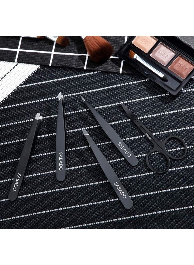 Sabado - Tweezers Set 5-Piece - Professional Stainless Steel Tweezers with Curved Scissors, Best Precision Tweezer for Eyebrows, Splinter & Ingrown Hair Removal with Leather Travel Case (Black) - Image 1